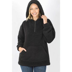 Black Soft Sherpa Half Zip Hoodie With Kangaroo Pocket